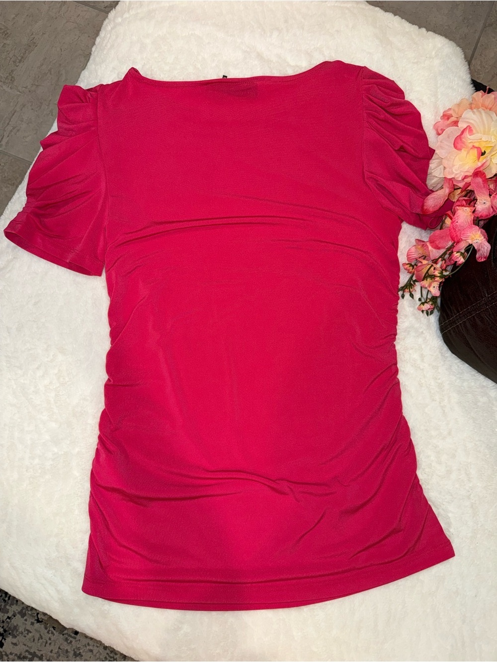 3 x 20$ DKNY Women's Bright Fuchsia Short Sleeve Ruched Tee Size L - Picture 6 of 6